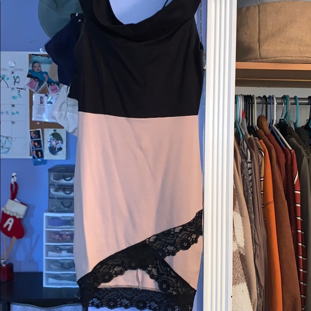 Beige and black off the shoulder dress